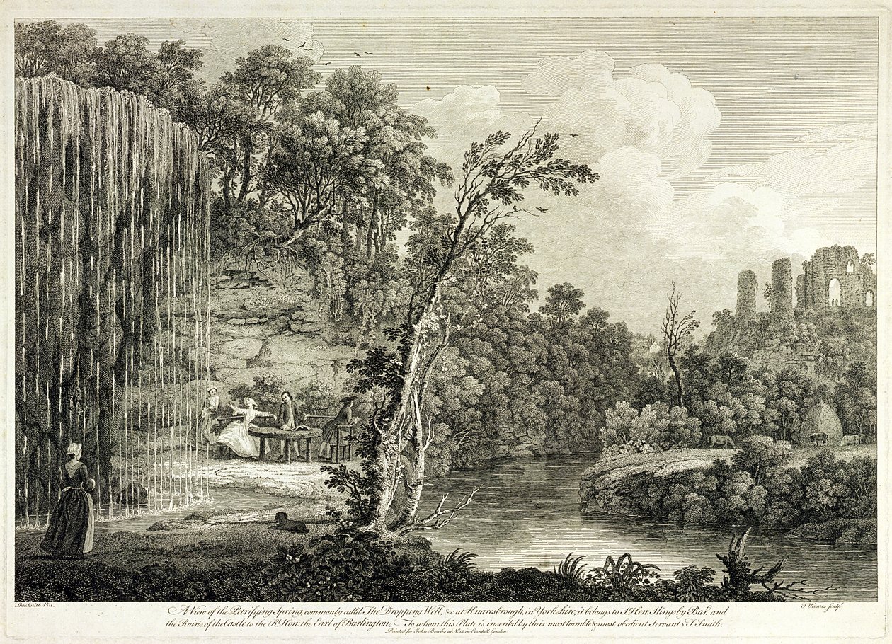 石化春天的景色通常被称为约克郡纳尔斯伯勒的落井，由Francois Vivares（1709-80）雕刻 作者 德比·史密斯的托马斯