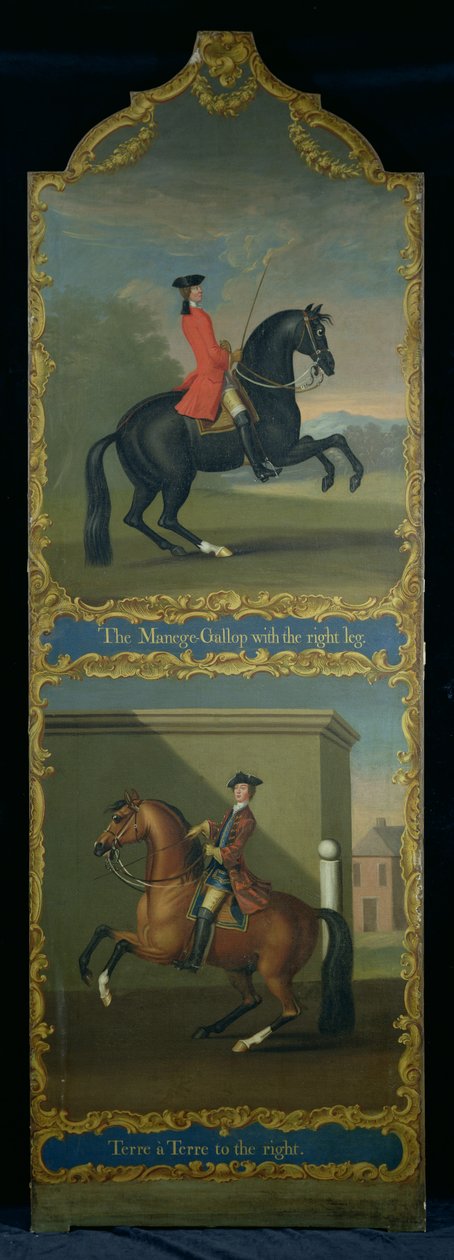 &39;Manege Gallop with the Right Leg&39;（上图）和&39;Terre a Terre to the Right&39;（下图），c.1750 作者 颇尔购物中心男管家的托马斯