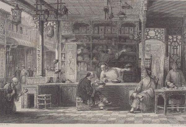 广州帽商的商店，摘自乔治-纽纳姆-赖特（约1790-1877）的《中国系列景观》1843年（雕刻）。 作者 托马斯（后）Allom