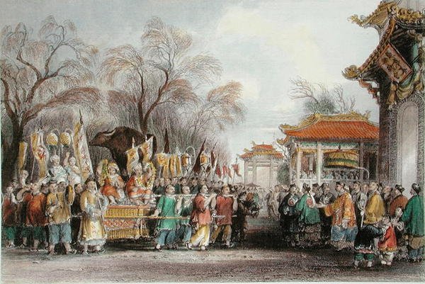 迎接春天的仪式"，约1850年（彩色平版印刷）。 作者 托马斯（后）Allom