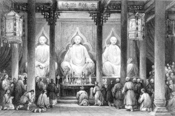 广州湖南大庙，A. Willmore刻的（雕刻）。 作者 托马斯（后）Allom