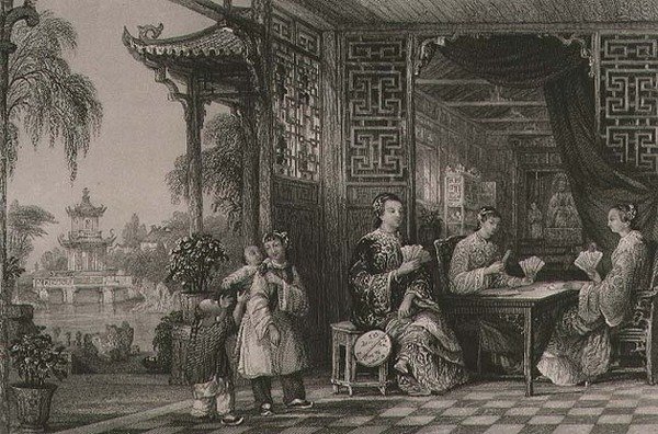打牌的文人家庭妇女，出自乔治-纽纳姆-赖特（约1790-1877年）的《中国系列景观》1843年（雕刻）。 作者 托马斯（后）Allom