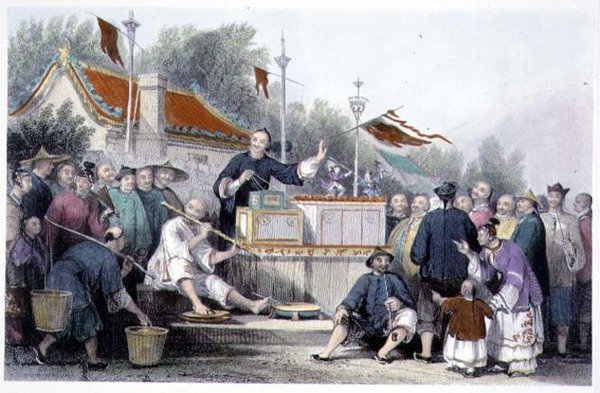 林心如的表演，来自乔治-纽纳姆-赖特（约1790-1877）的《中国系列景观》1843年（彩色雕刻）。 作者 托马斯（后）Allom