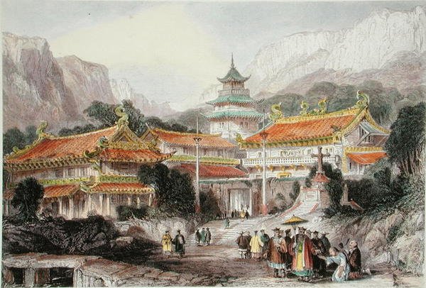 中山群岛普陀山大庙，约1850年（彩色平版印刷）。 作者 托马斯（后）Allom
