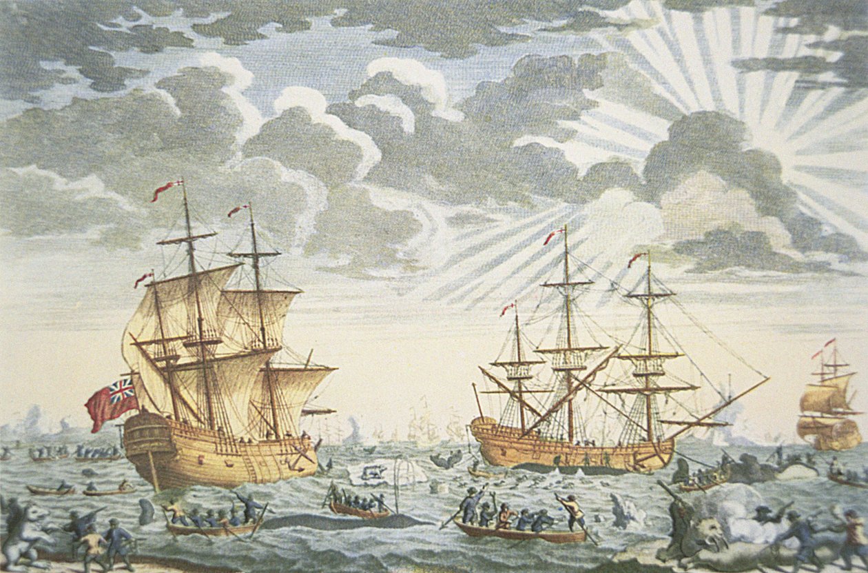 格陵兰或鲸鱼渔业，由 E. Kirkall 雕刻，约 1720 年（彩色石版画） 作者 托马斯（后）巴斯顿