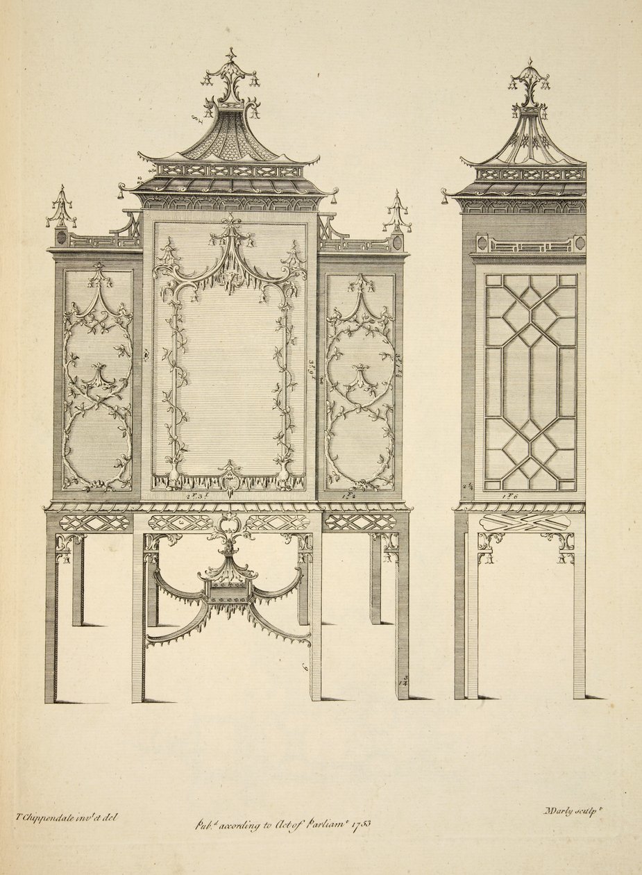 瓷器箱的设计，出版。1753年（雕版画 作者 托马斯（后）齐彭代尔