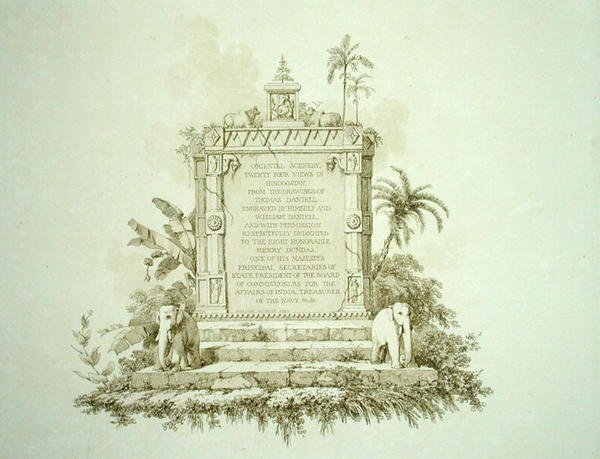 东方风光》的封面画。印度斯坦的二十四景》，由托马斯（1749-1840）和威廉（1769-1837）丹尼尔雕刻。 作者 托马斯（后）丹尼尔
