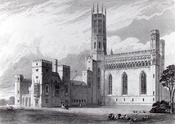Fonthill Abbey从东南方向看，出自John Britton的 "Fonthill Abbey的图形和文学插图"，由S. Rayner绘制，W. Tombleson刻制。 作者 托马斯（之后）海厄姆