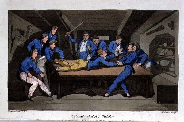Cobbed - Watch!看！看！看！板块来自约翰-米特福德（1782-1831）的《约翰尼-纽康在海军中的冒险》，由W.Read刻制。 作者 托马斯（继）罗兰森