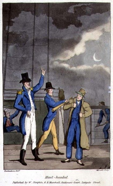 Mast-Headed，板块来自约翰-米特福德（1782-1831）的《约翰尼-纽康在海军中的冒险》，由W. Read雕刻。 作者 托马斯（继）罗兰森