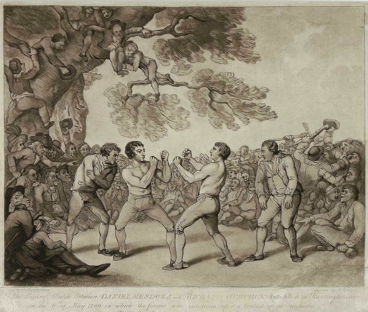 丹尼尔-门多萨和理查德-汉弗莱斯的拳击比赛，1789年5月6日在亨廷顿郡的斯蒂尔顿举行，由约瑟夫-格罗泽（约1755-99）雕刻（雕刻）。 作者 托马斯（继）罗兰森