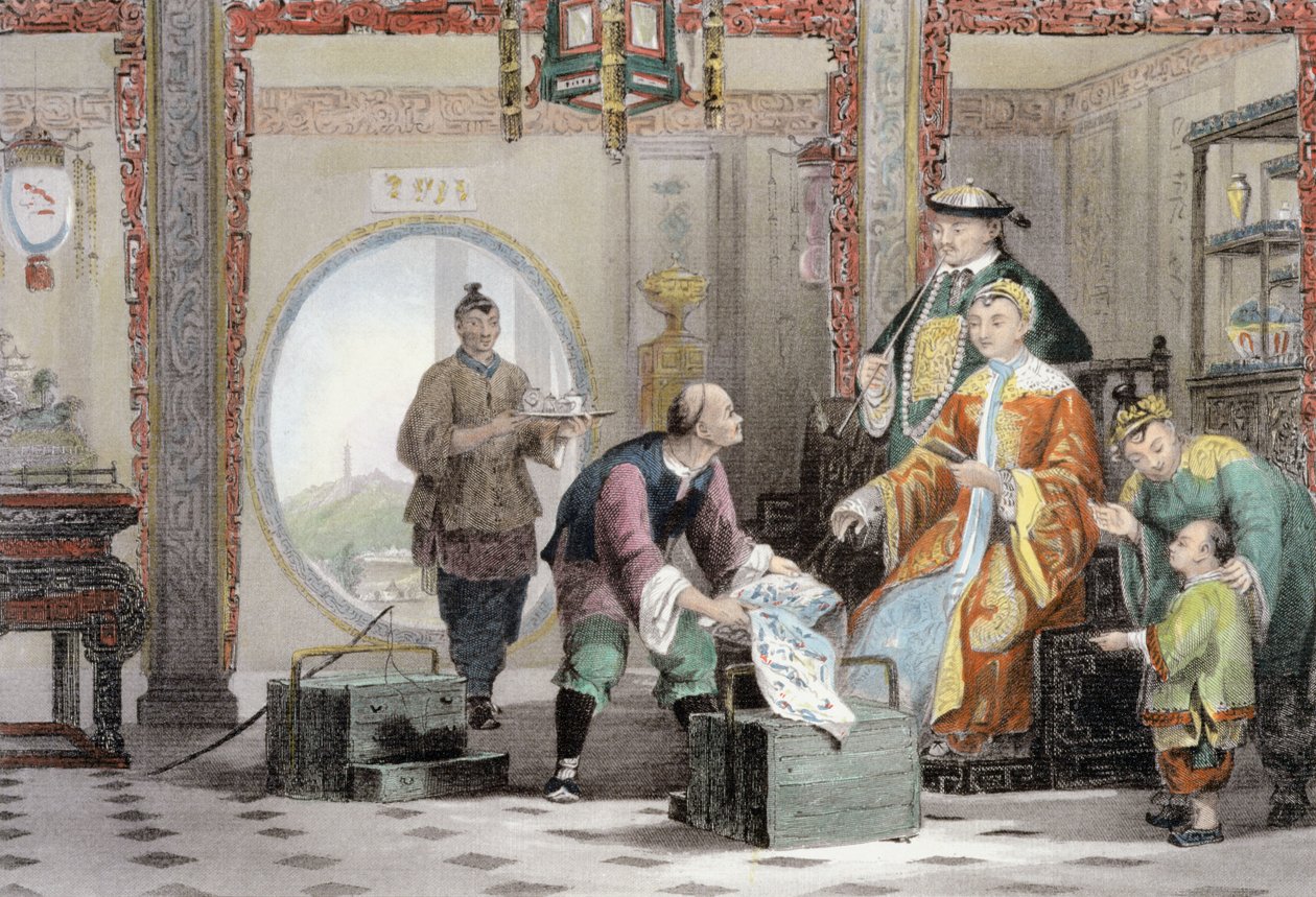 公寓位于南京附近的普通话住宅中，来自George Newenham Wright的“中国一系列景观”（c.1790-1877）1843 作者 托马斯·阿隆