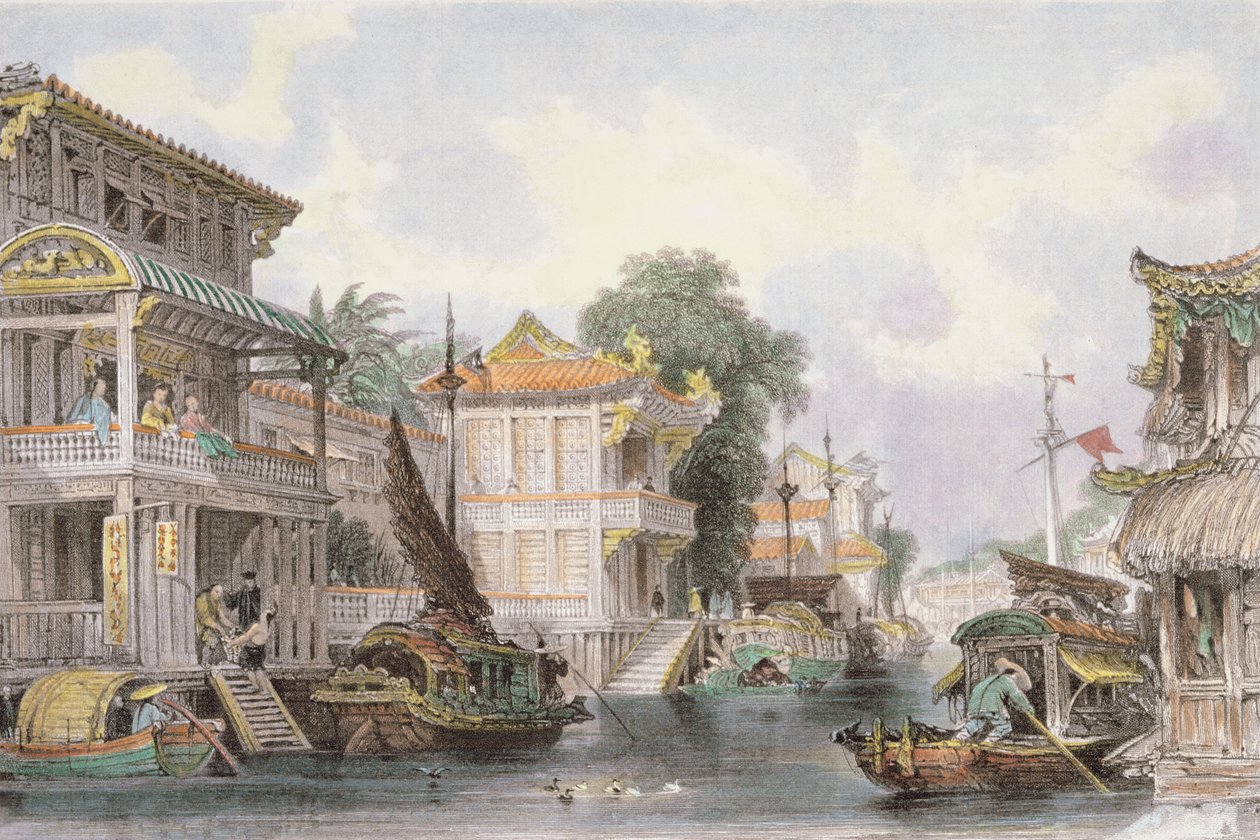 1858年，在广州附近的霍兰运河上的场景 作者 托马斯·阿隆
