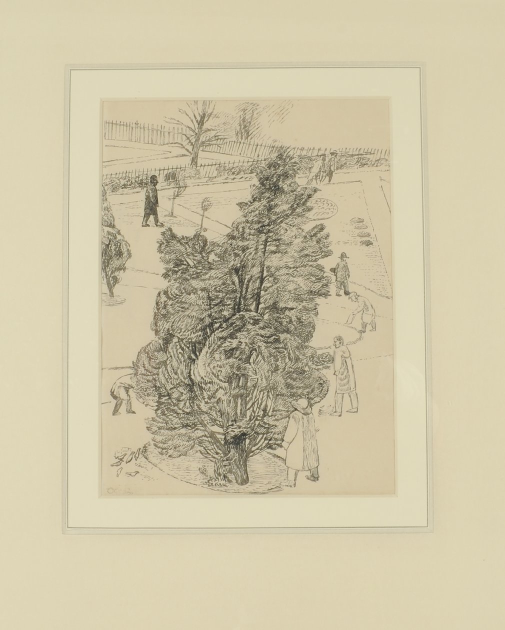 公园里的人物； “男人沉默，树木说话。” 《见证人》插图，1938 年之前（纸本笔墨） 作者 托马斯·巴克莱·亨内尔