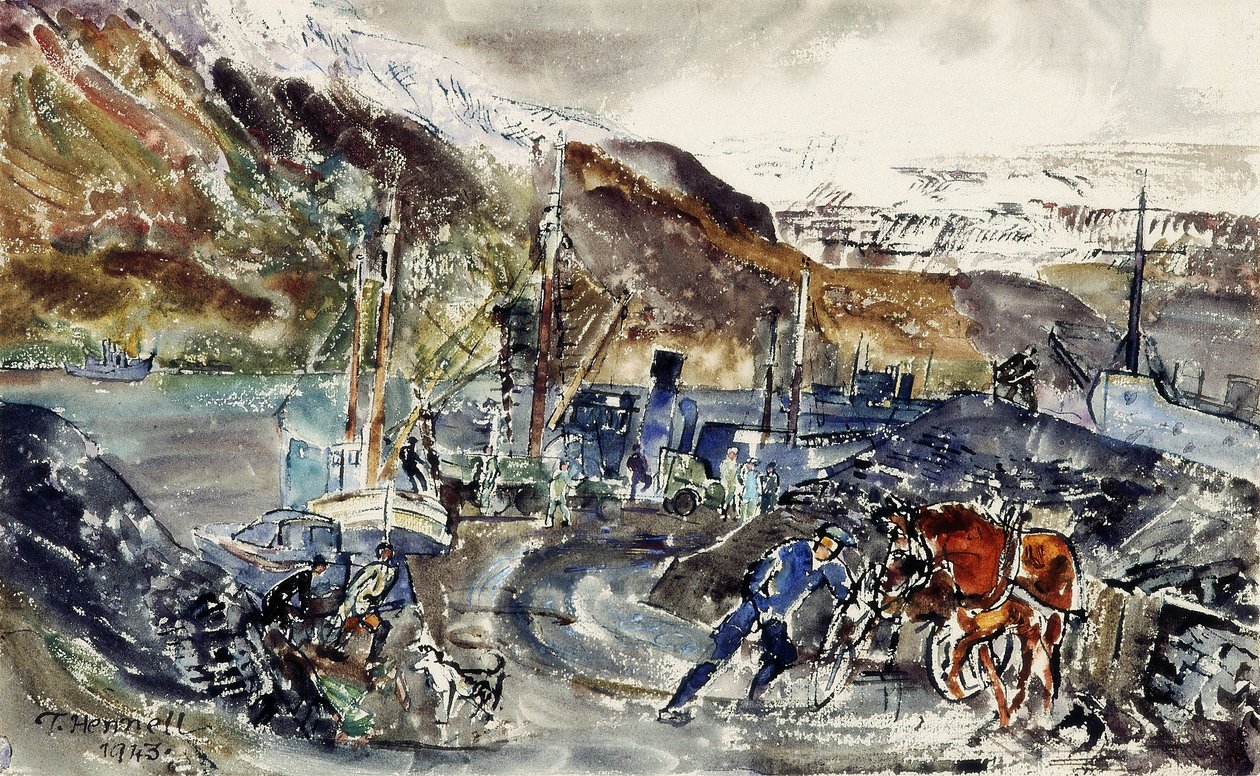 当地煤炭推车和拖网渔船，Seydisfjordur，冰岛（纸上水彩） 作者 托马斯·巴克莱·亨内尔