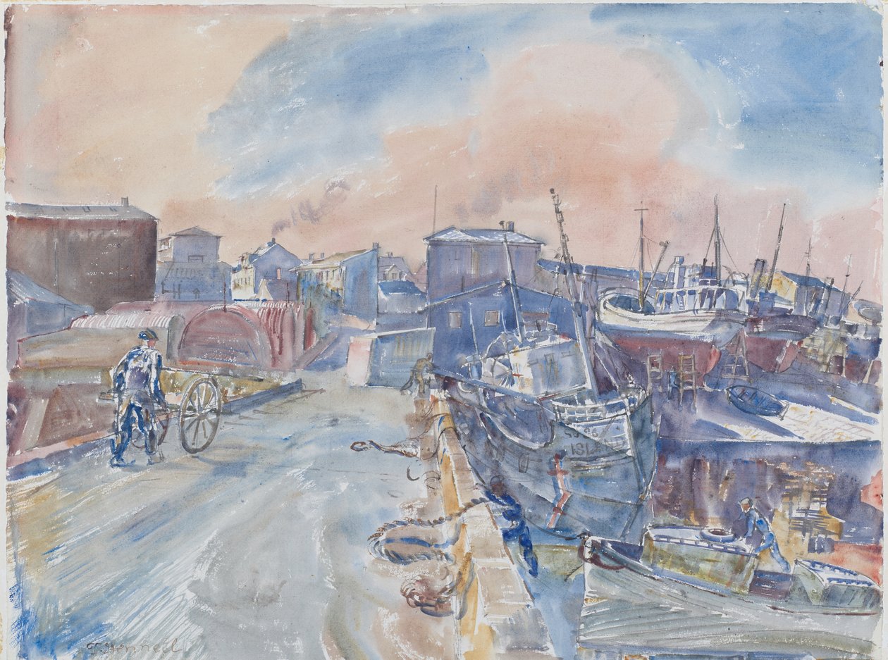 来自主码头的雷克雅未克，寒冷的早晨，冰岛，c.1930（纸上水彩和铅笔） 作者 托马斯·巴克莱·亨内尔