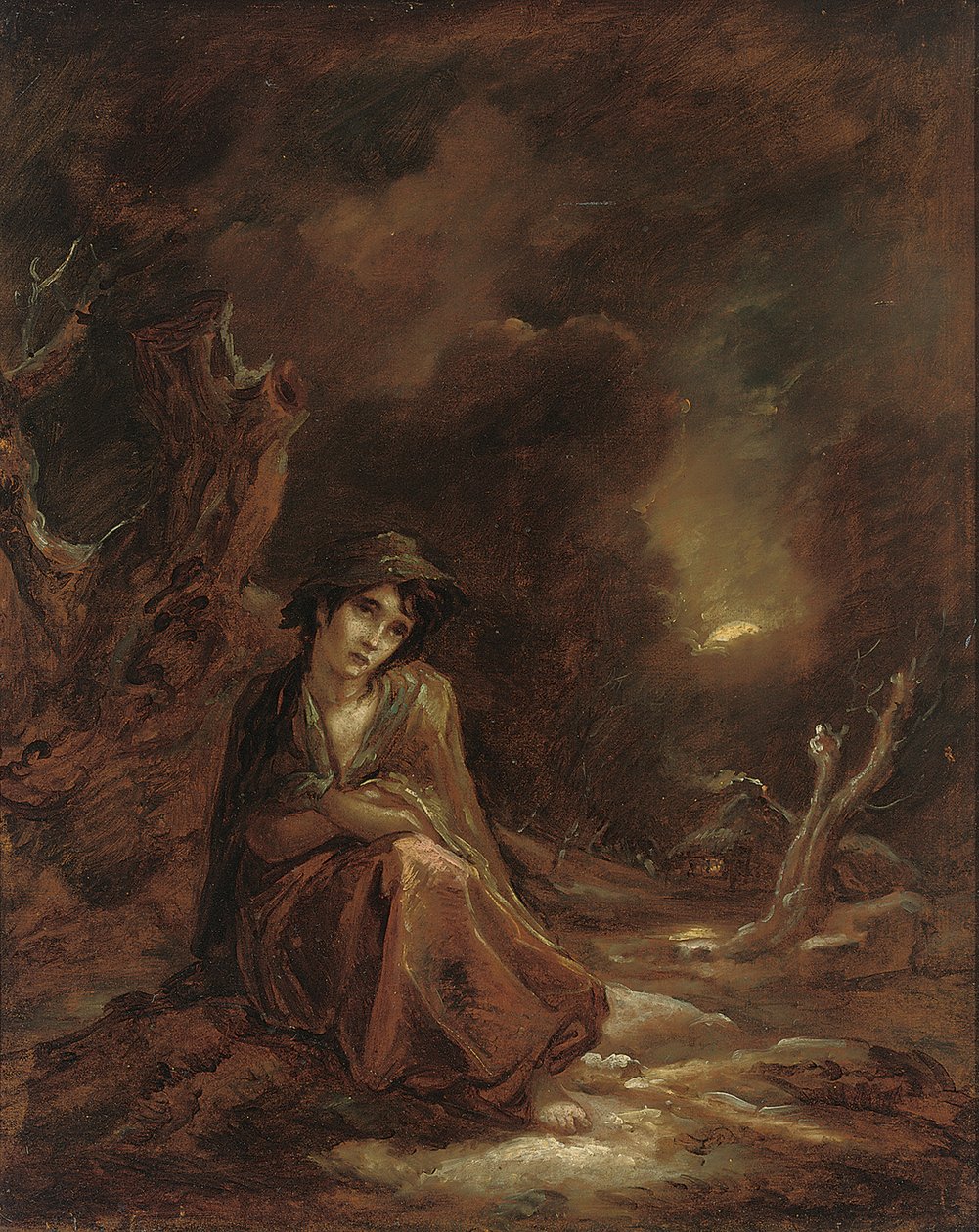 威廉·考珀（William Cowper）的《任务》（The Task）中的场景：1785年，月光下的冬季景观与疯狂的凯特（Crazy Kate）在赛道上休息 作者 巴斯的托马斯·巴克
