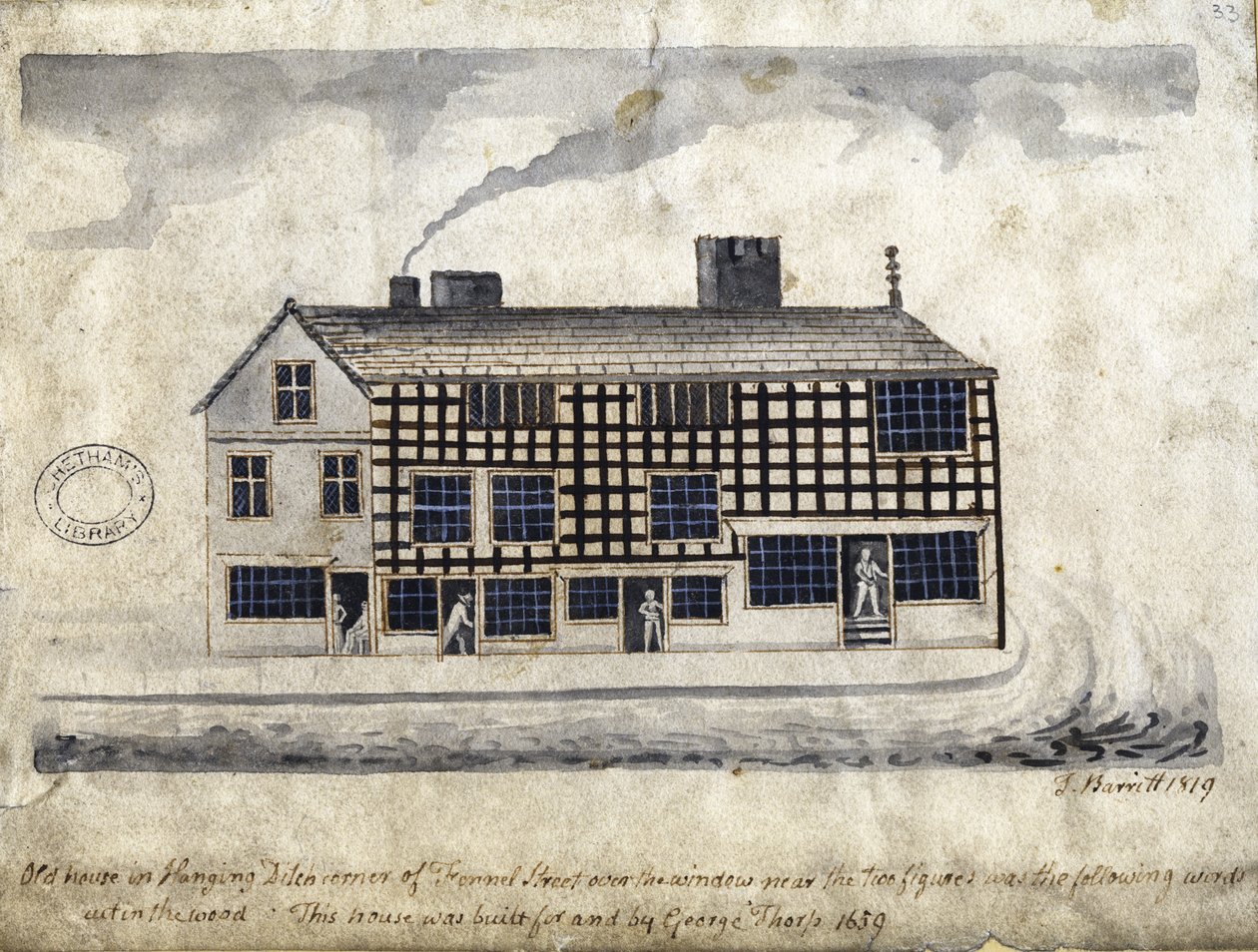 1819年，曼彻斯特悬挂沟上的老房子（笔和墨水在纸上洗） 作者 托马斯·巴里特