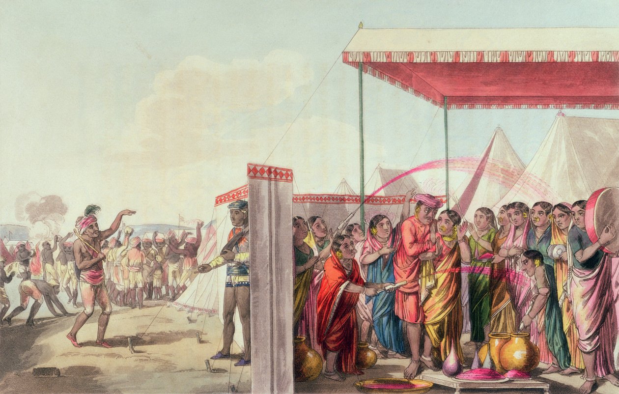从&39;A Mahratta Camp&39;演奏Hohlee，1813年4月5日（彩色雕刻） 作者 托马斯·巴克斯特