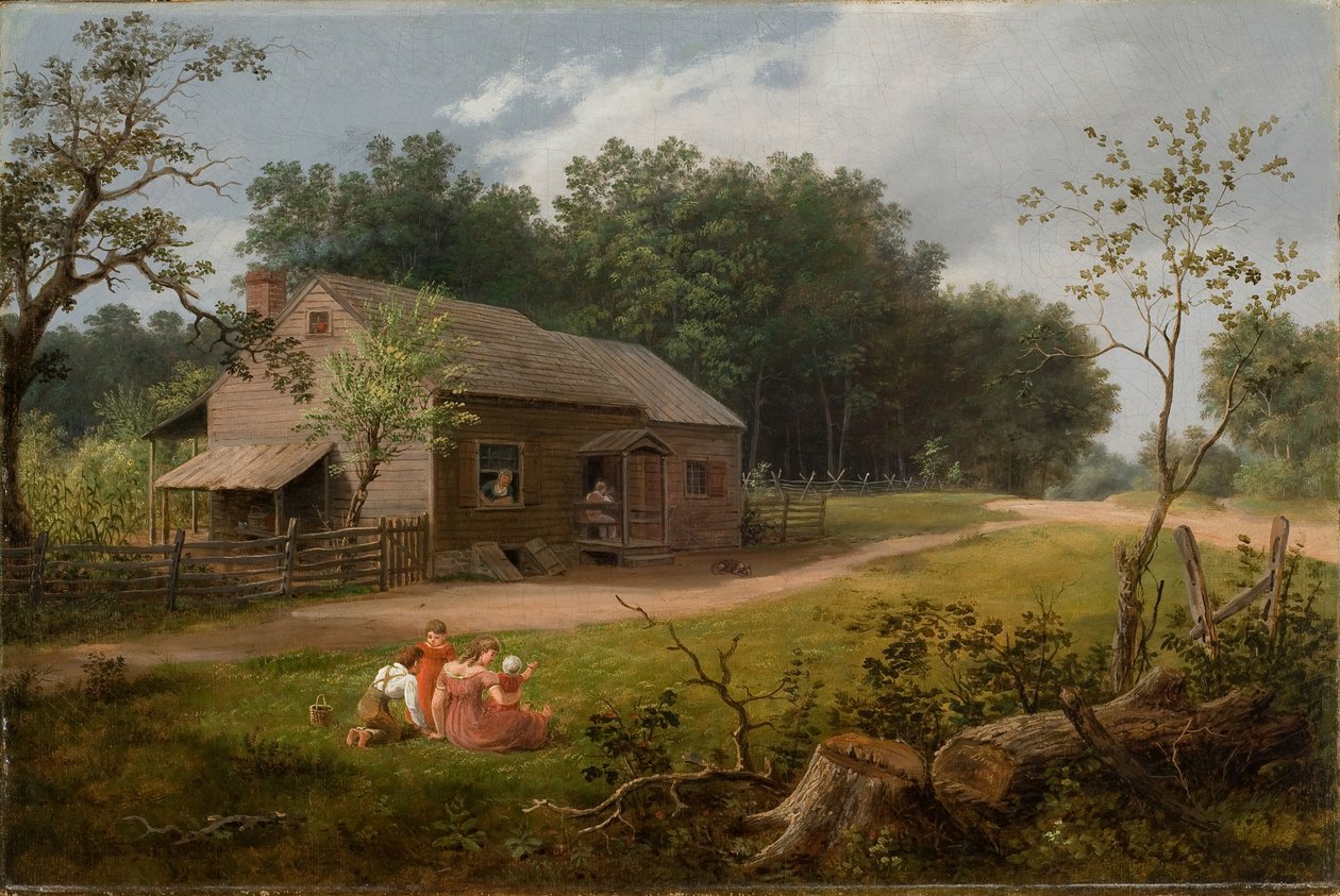 有孩子玩耍的小屋 1834 年（布面油画） 作者 托马斯·伯奇