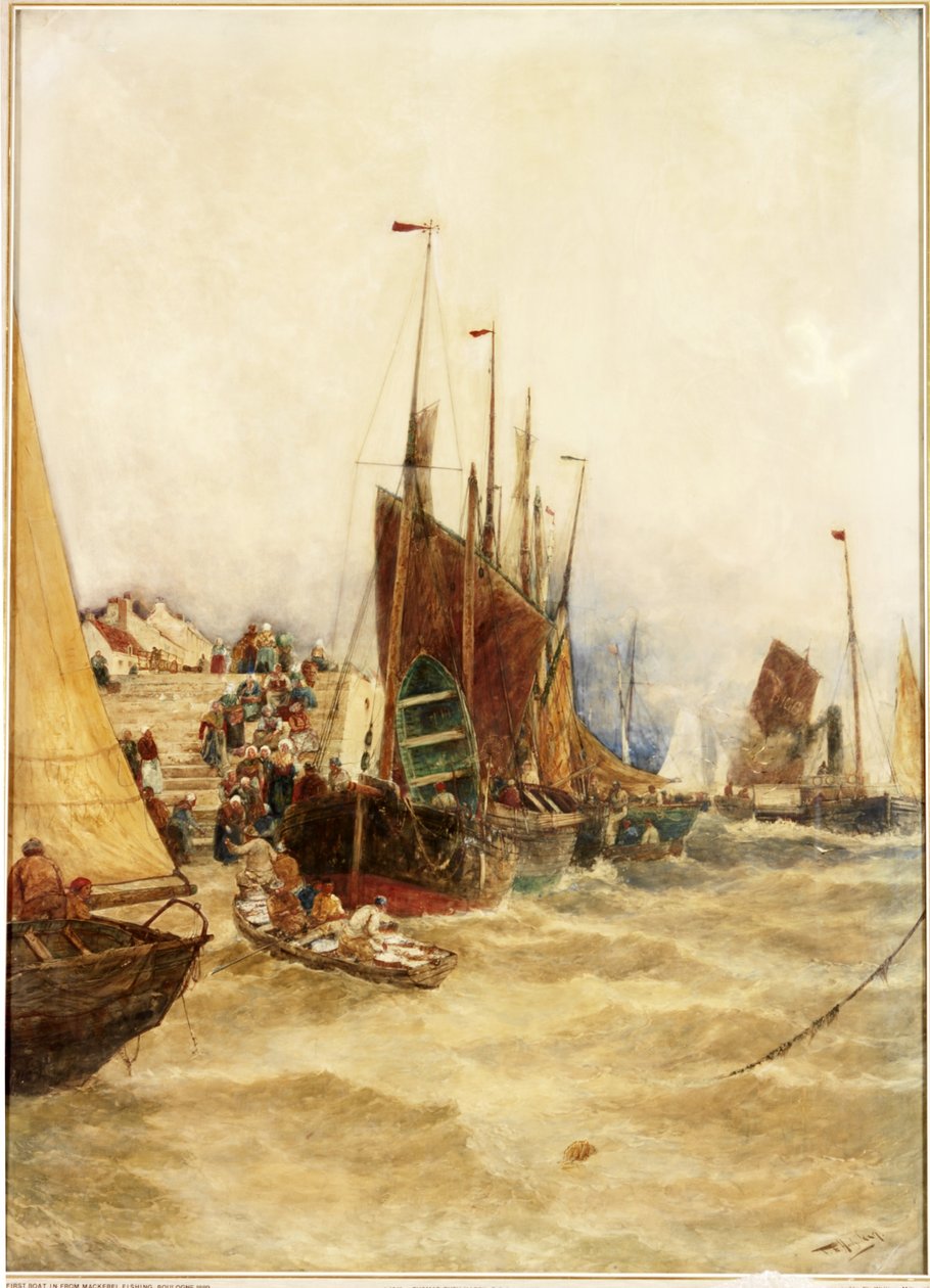 第一艘船从Mackeral钓鱼，Boulogue，1889年（水彩在纸上铺设） 作者 托马斯·布什·哈迪