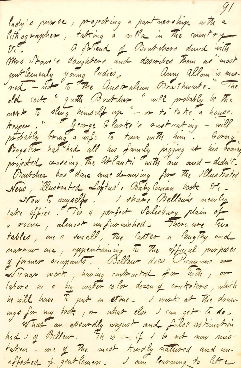 描述了他与弗兰克·贝勒（Frank Bellew）共享的办公室以及威廉·布彻（William Boutcher）的来信。转录 作者 托马斯·巴特勒·冈恩