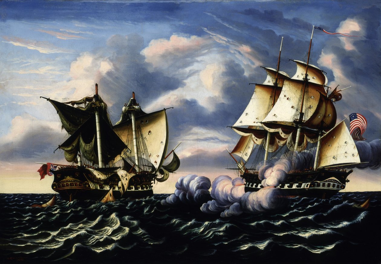 美国护卫舰 "United States "号俘获英国皇家海军护卫舰 "Macedonian "号，1812 年 10 月 25 日 作者 托马斯·钱伯斯