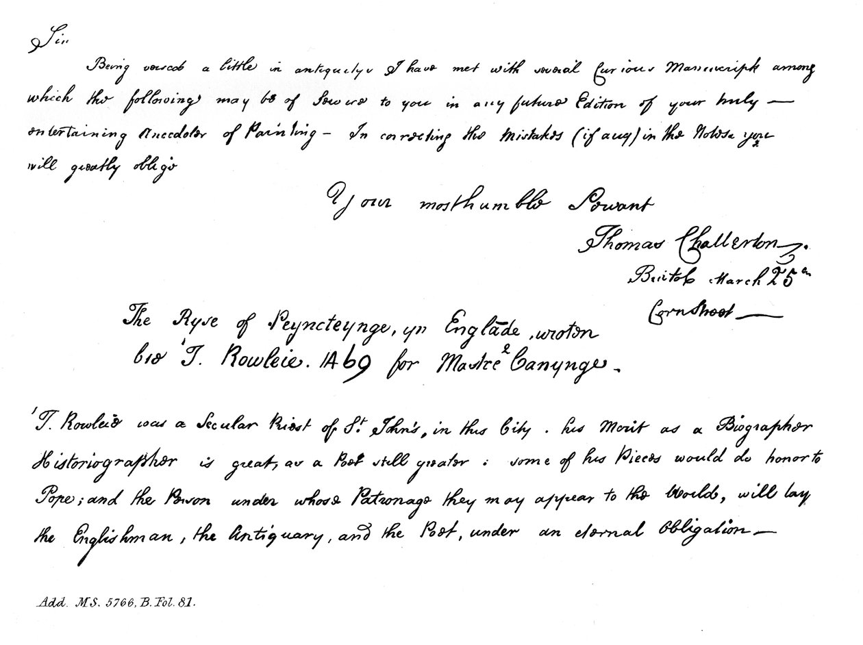 托马斯·查特顿（Thomas Chatterton）致霍勒斯·沃波尔（Horace Walpole），1840年的信的一部分 作者 托马斯·查特顿