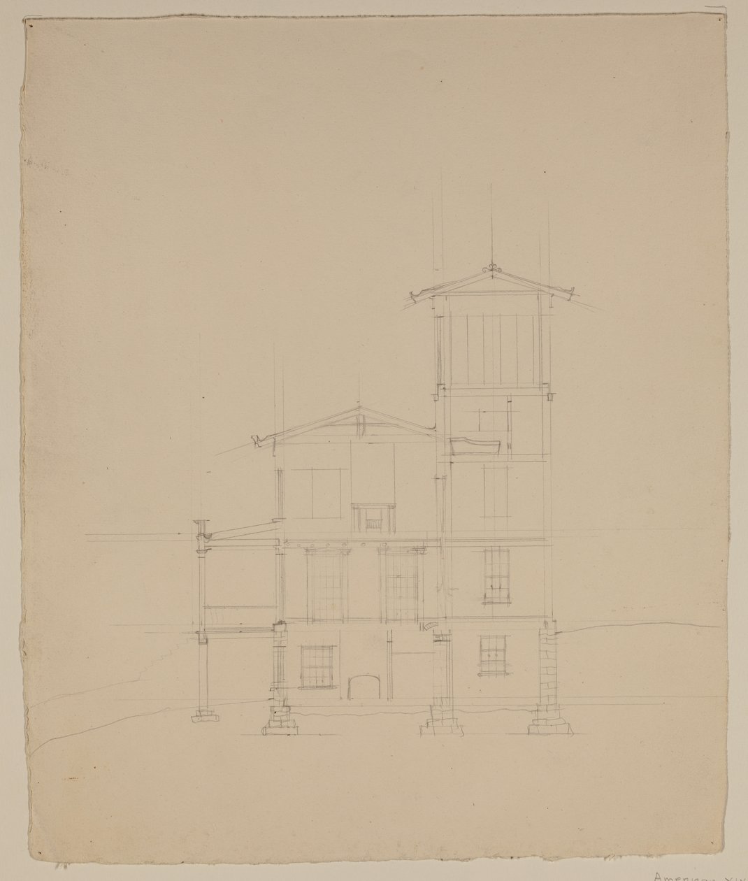 卡茨基尔拟建别墅图，约1801-1848年（石墨铅笔，米白色绒布纸）。 作者 托马斯·科尔