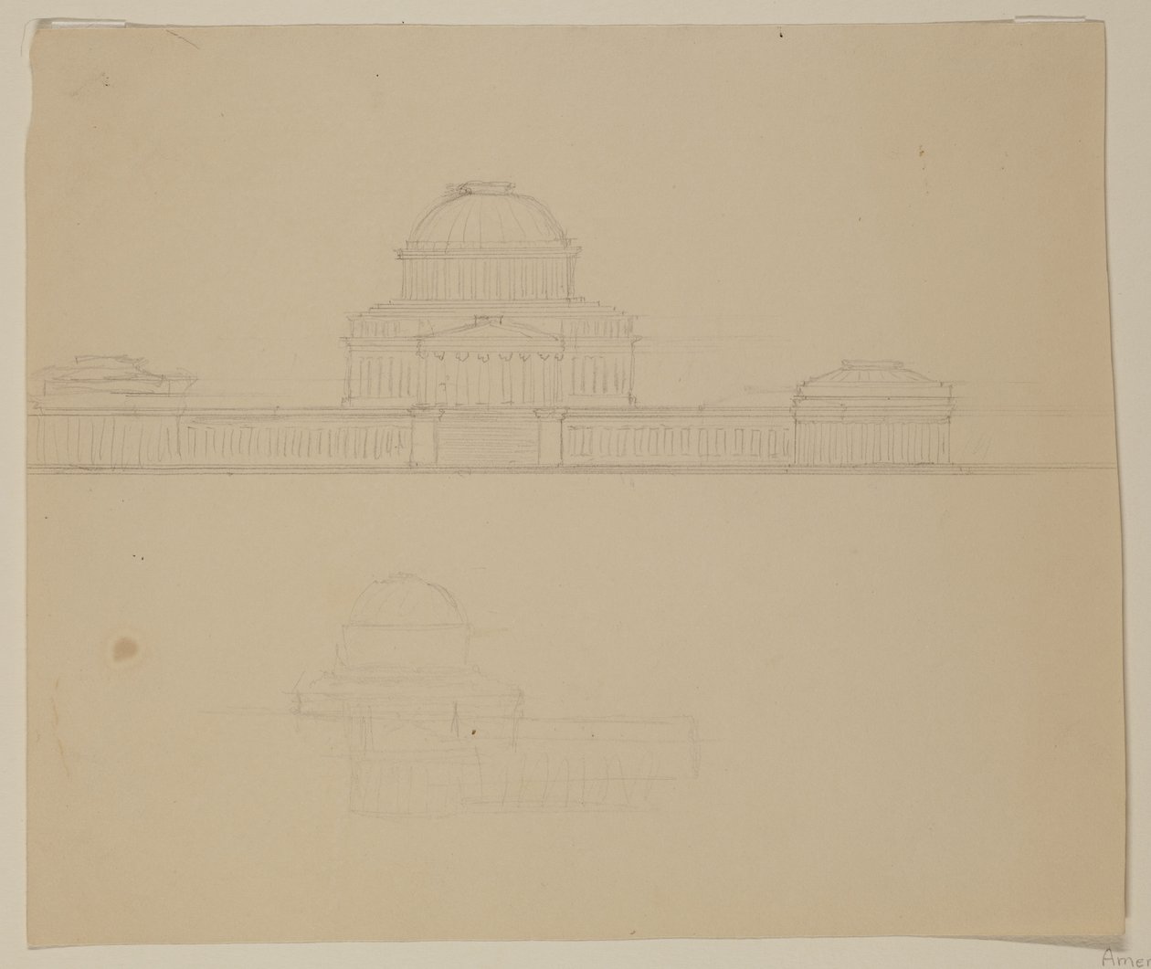 俄亥俄州议会大厦的高度，c.1838（米色编织纸上的石墨铅笔） 作者 托马斯·科尔