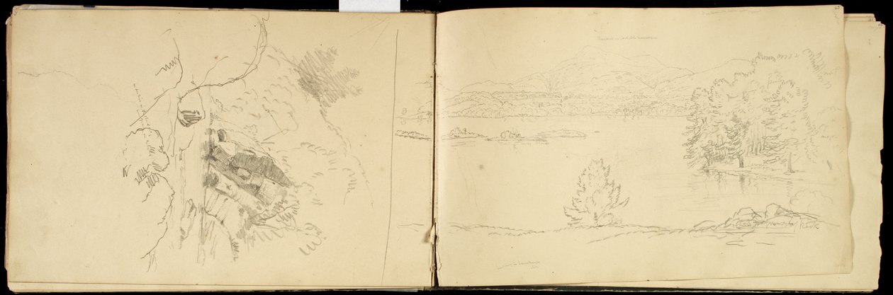 匹兹菲尔德附近的Hoosick或马鞍山和湖泊，1832年（石英铅笔在灰白色的纸上）（另见3514873） 作者 托马斯·科尔