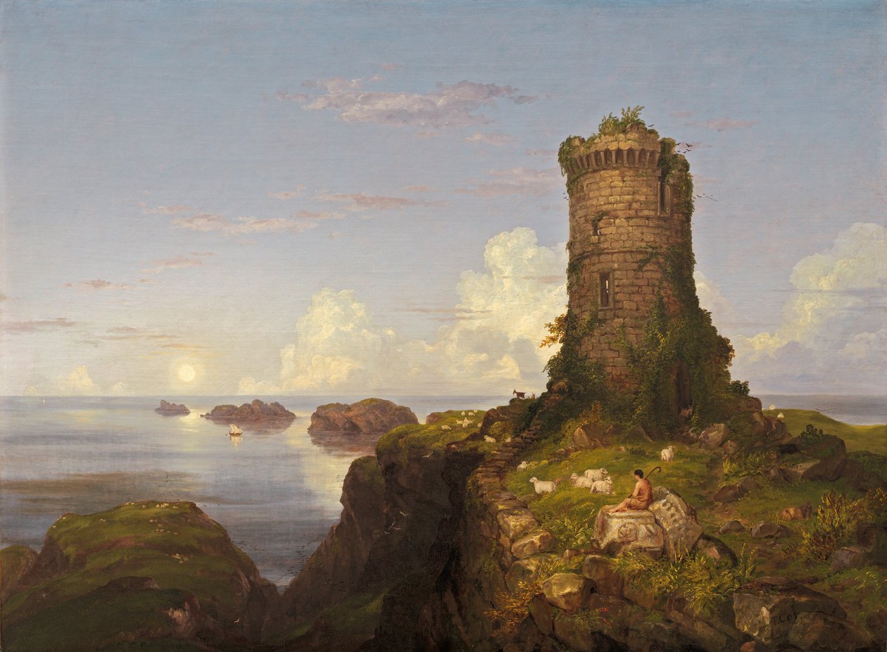 意大利海岸景象与废墟塔，1838年。 作者 托马斯·科尔