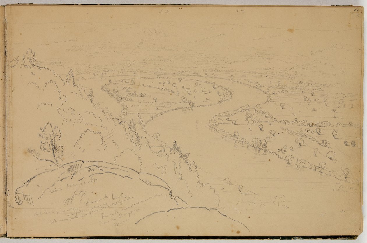 从霍利约克山看到的康涅狄格河牛首山全景，约 1832 年（纸上铅笔画） 作者 托马斯·科尔