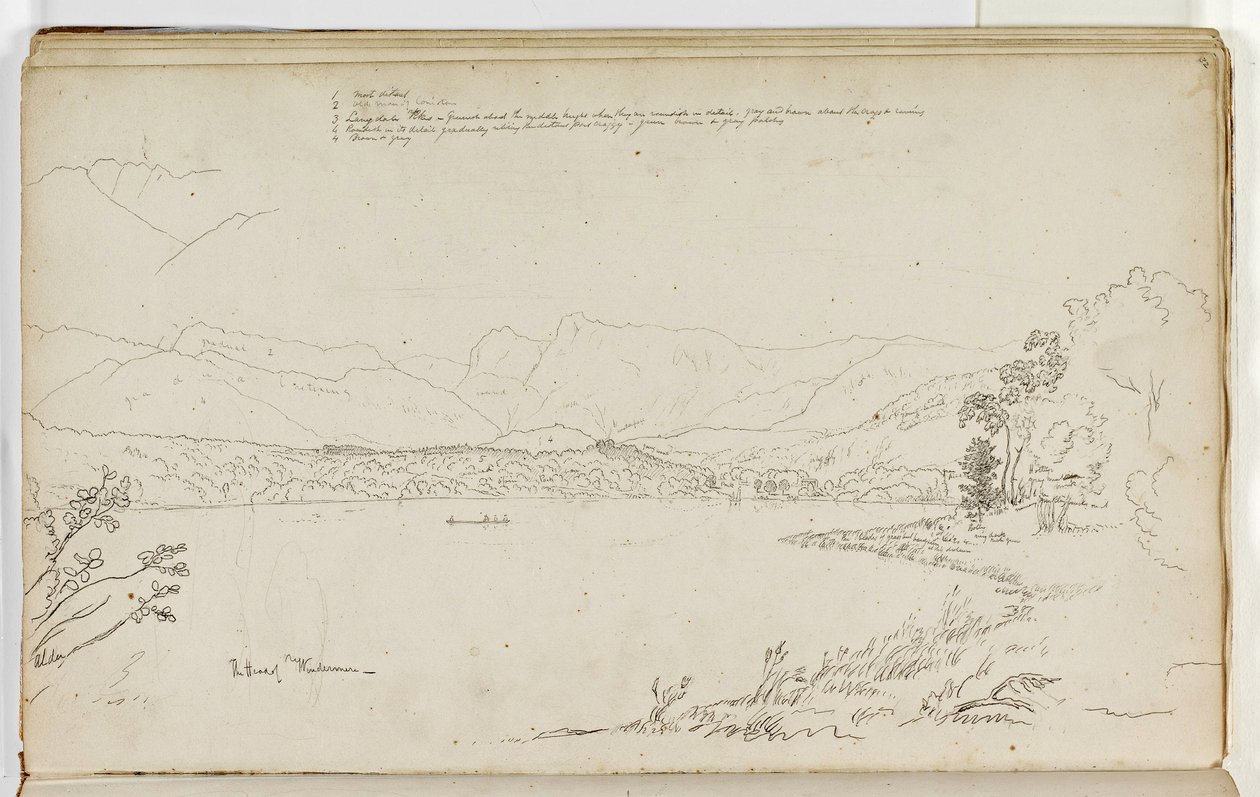 1829年，英格兰湖区温德米尔的负责人（纸笔上的铅笔和墨水） 作者 托马斯·科尔