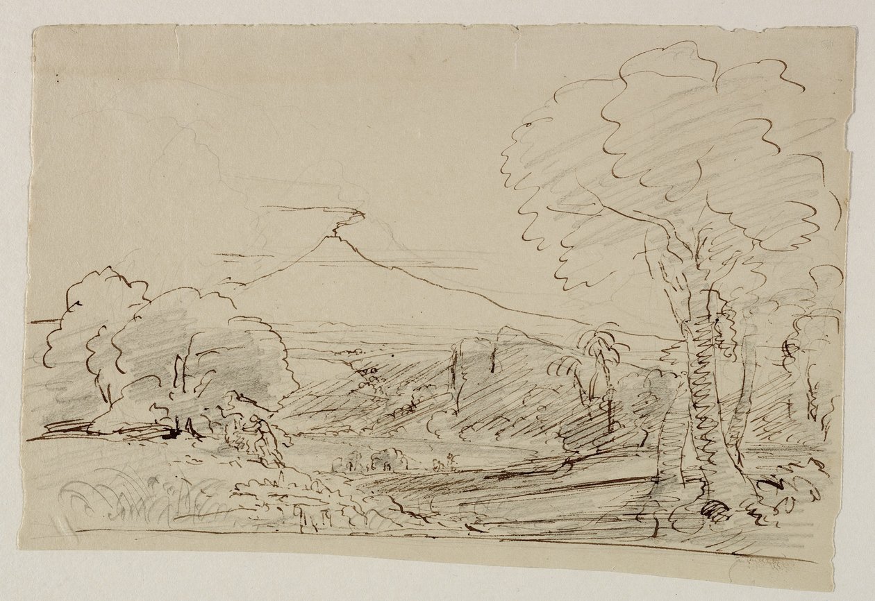 Volcano，Lake，Figure Hunting，1846-47（笔和墨水用铅笔在纸上） 作者 托马斯·科尔