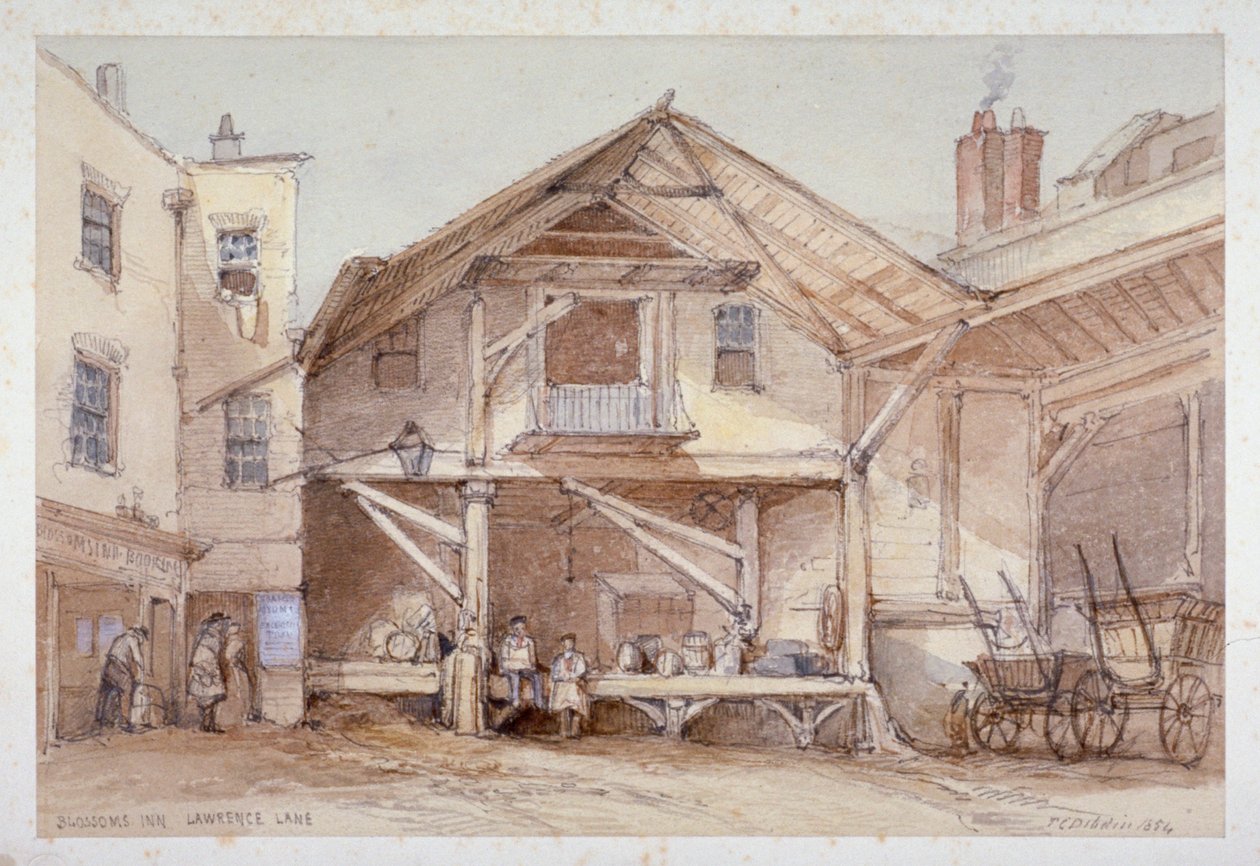 伦敦市劳伦斯巷的Blossoms Inn，1854年。                作者 托马斯·科尔曼·迪布丁