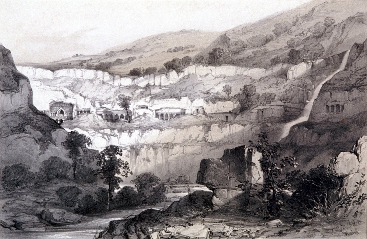 印度Ajunta的石窟景观，1844年 作者 托马斯·科尔曼·迪布丁