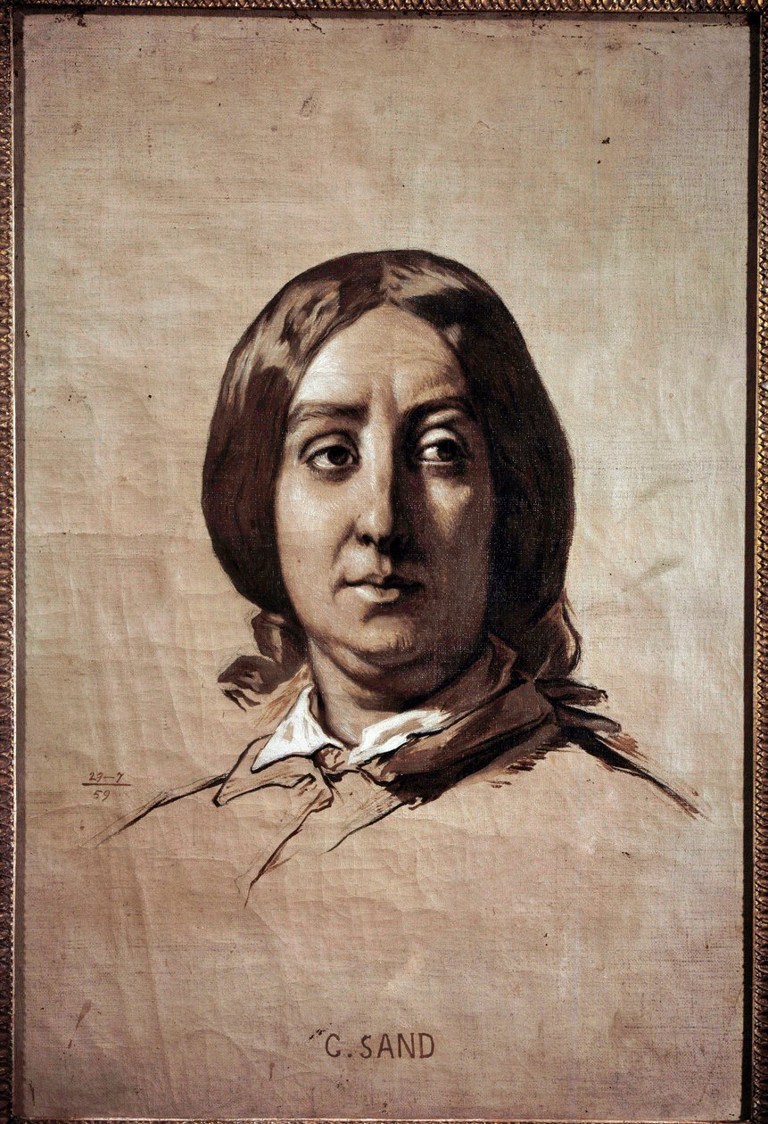 Georges Sand (1804-1876) 肖像 (Aurore Dupin, Baronne Dudevant) 法国作家 Thomas Couture 的绘画 (1815-1879) 1859 年 0.61x0.4 m 凡尔赛宫，城堡博物馆 作者 托马斯·库蒂（Thomas Couture）