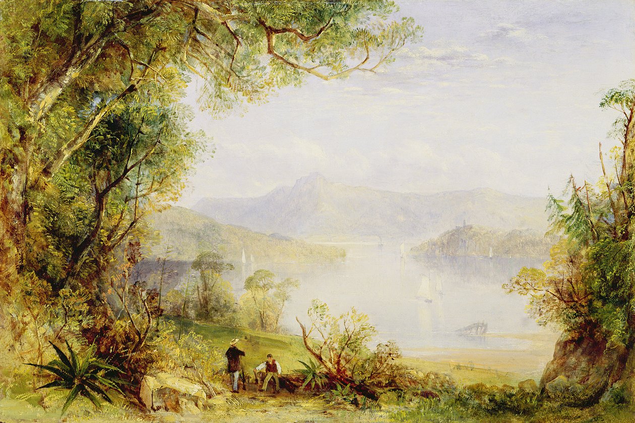 哈德逊河上的风景，约1840-45年（面板上的油） 作者 托马斯·克雷斯维克