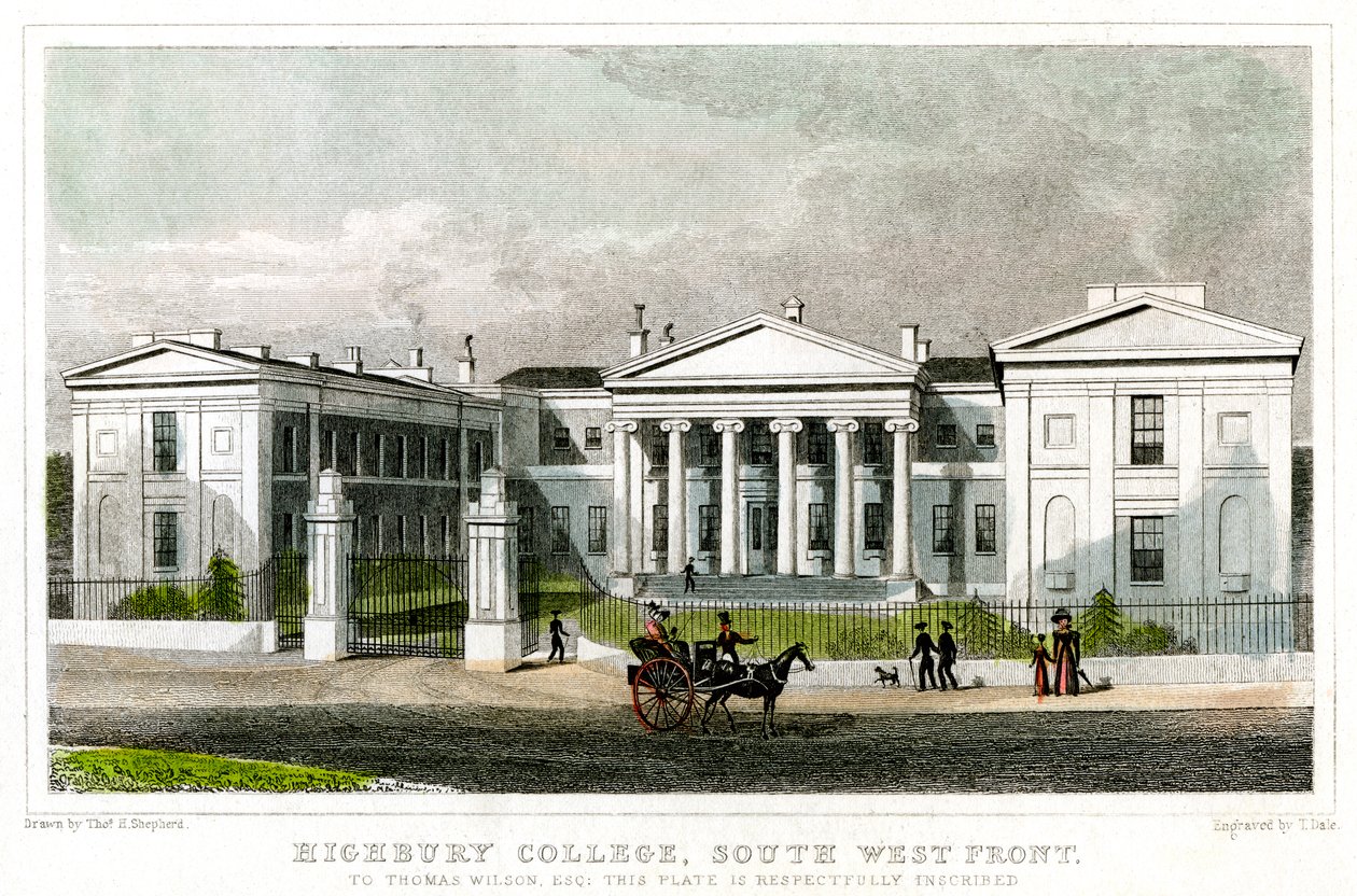 海布里学院，西南面，伊斯灵顿，伦敦，1827年。 作者 托马斯·戴尔