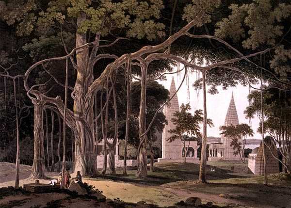 阿古里的印度教寺庙，在巴哈尔的索恩河上，出自《东方风景》。印度斯坦的二十四景 作者 托马斯·丹尼尔