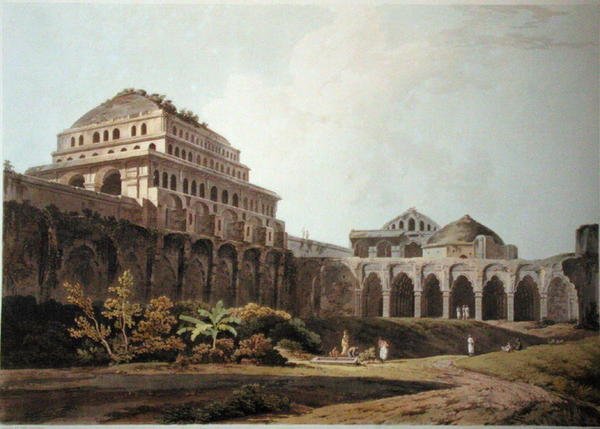 马杜拉宫殿的一部分，板块十三，来自 "东方风景"，1797年出版（彩色水印）。 作者 托马斯·丹尼尔