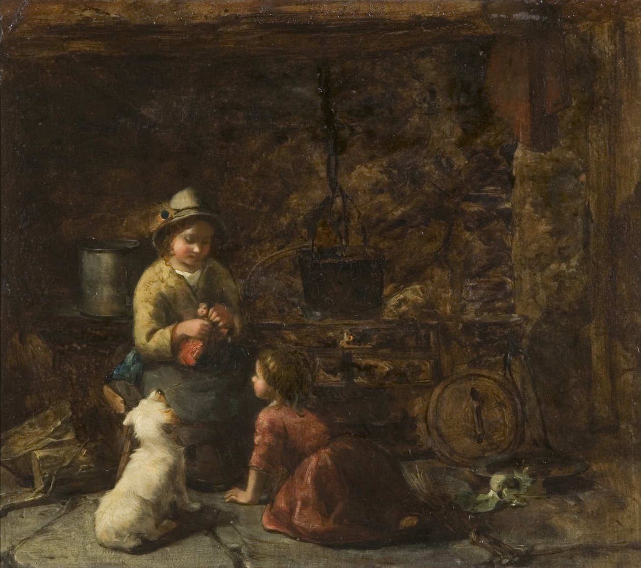 有两个孩子的小屋内部，c.1850（纸板上的油） 作者 托马斯·法德