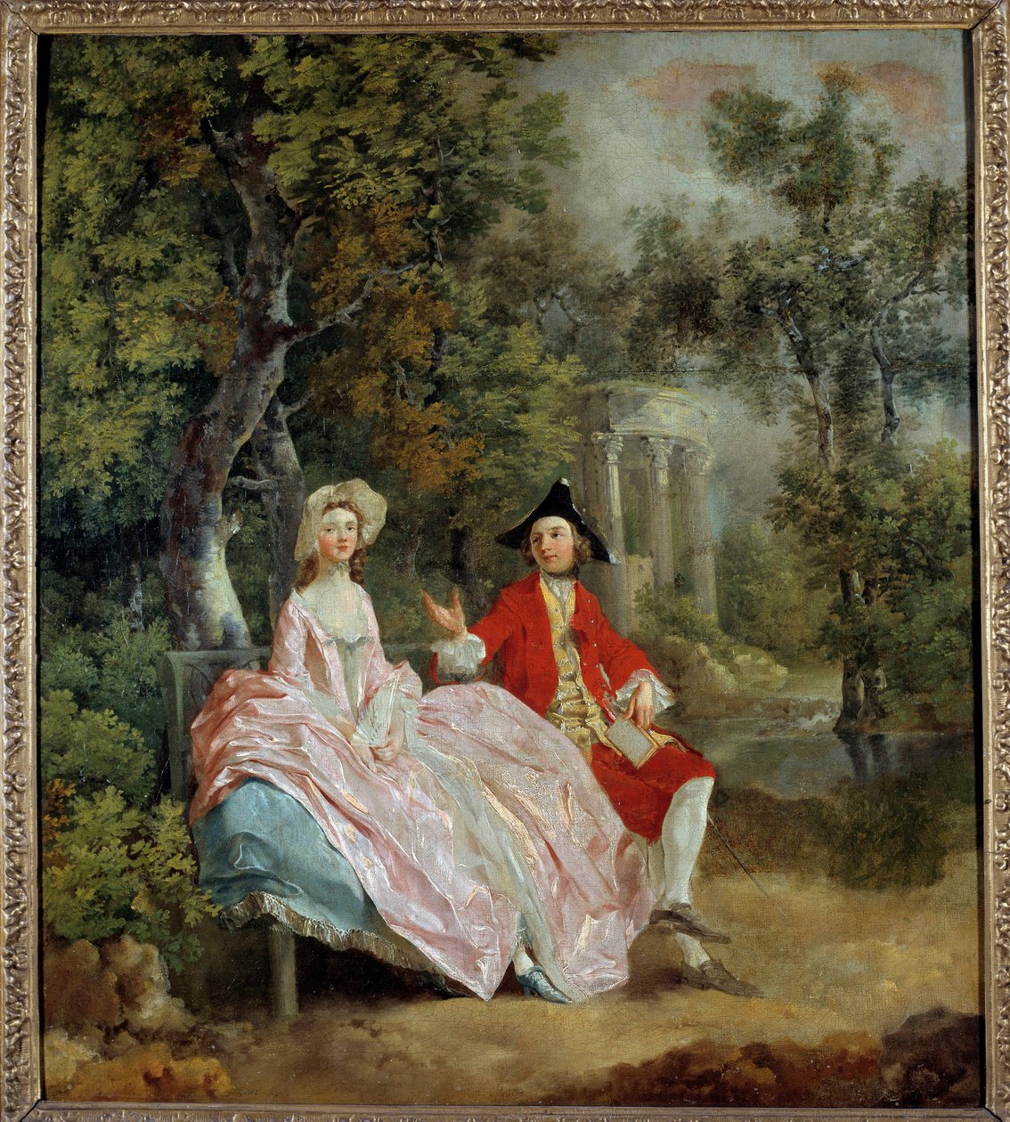 在公园里的谈话：Thomas Gainsborough 和他的妻子 Margaret 绘画 Thomas Gainsborough (1727-1788) 1746 Sun。 0,73 x 0,68 m - 在公园里的对话：Thomas Gainsborough 和他的新娘 Margaret。 Thomas Gainsborough (1727-1788) 的绘画 作者 托马斯·盖恩斯伯勒