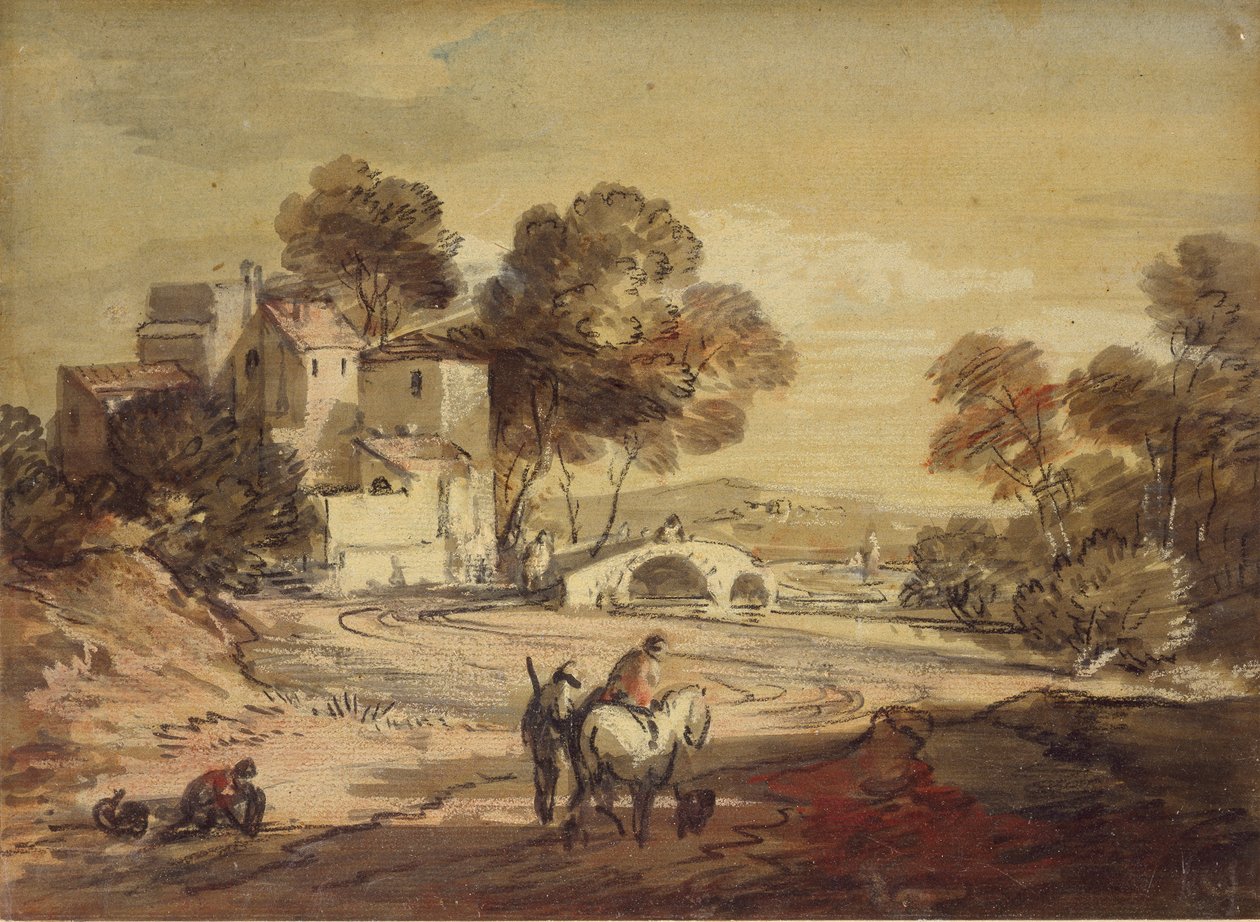 意大利风格的风景画，有旅行者在蜿蜒的路上，1775-1779年 作者 托马斯·盖恩斯伯勒