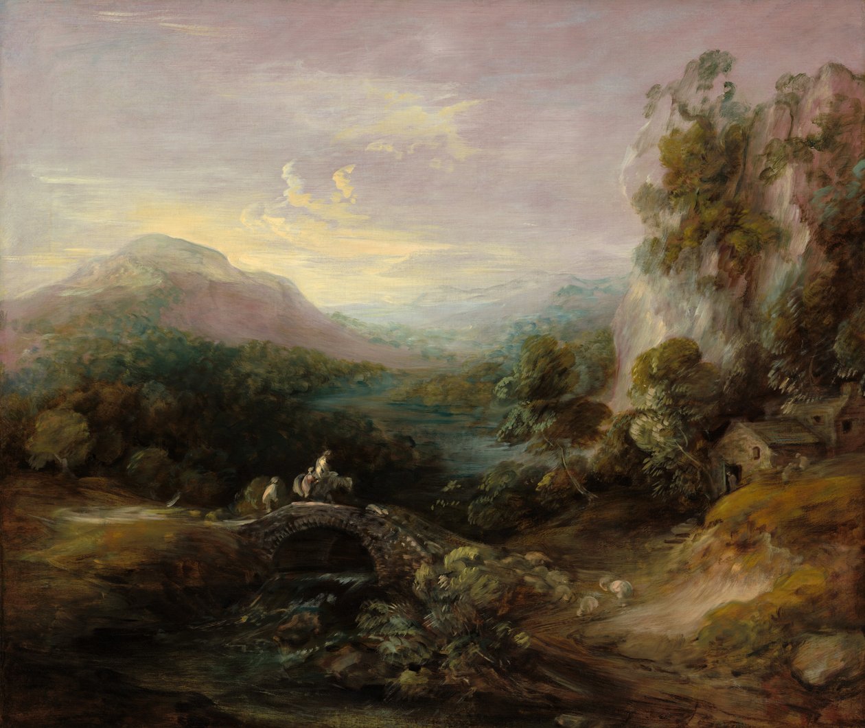 有桥的山地风景，约1783-1784。 作者 托马斯·盖恩斯伯勒