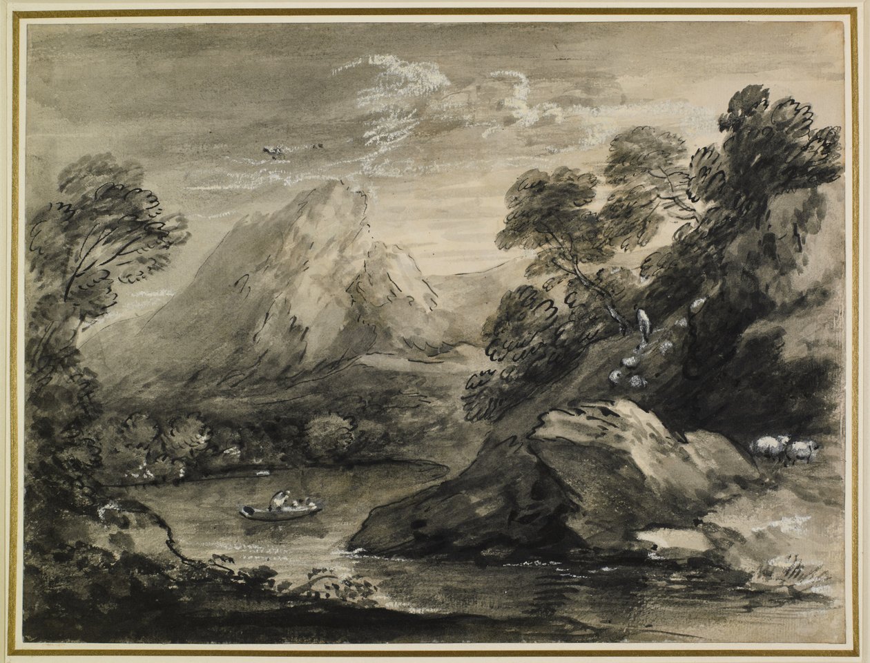 一条小船在湖上的山地景观，1777-80年 作者 托马斯·盖恩斯伯勒