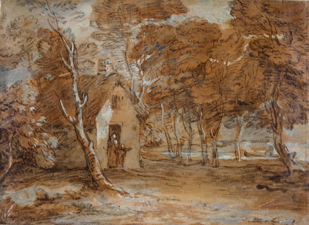湖上的树木景观、小屋、人物和船，1783-1785。 作者 托马斯·盖恩斯伯勒