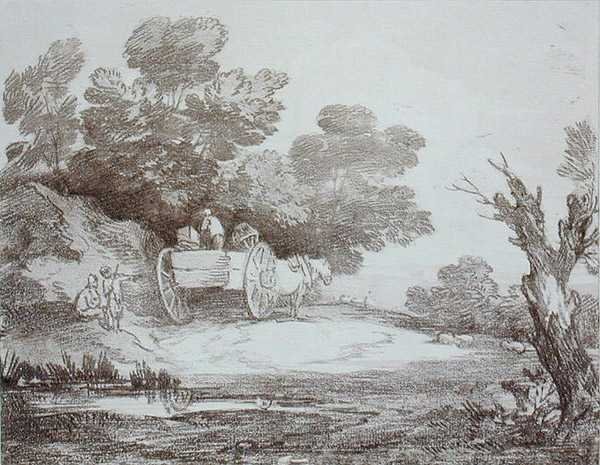 树木繁茂的风景，乡村小车和人物（雕版画） 作者 托马斯·盖恩斯伯勒
