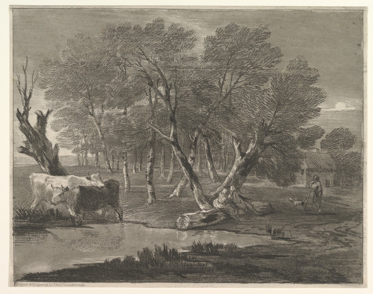 树木繁茂的景观，母牛在游泳池旁，人物和小屋，1775-80年。 作者 托马斯·盖恩斯伯勒